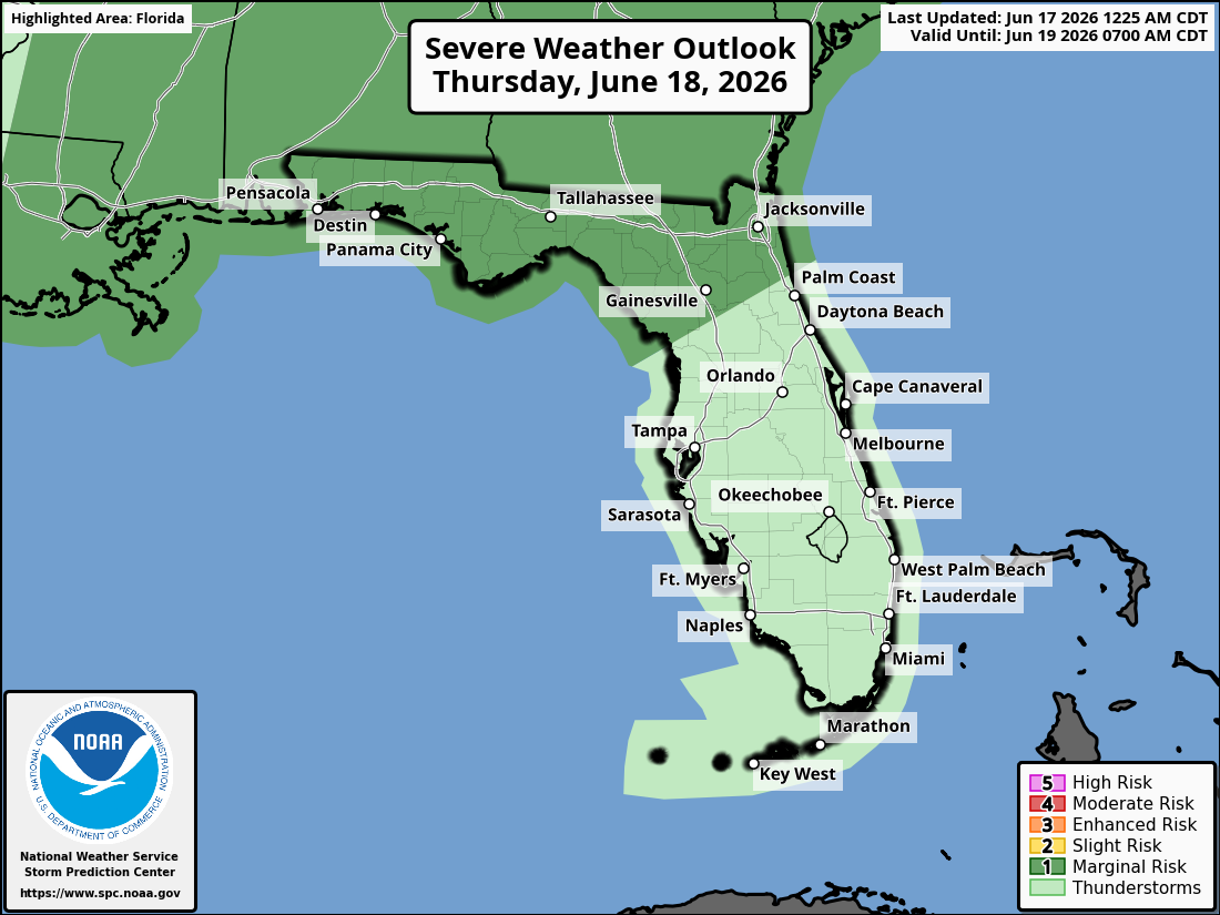 National Weather Service Storm Prediction Center Severe Weather Outlook for Florida for Thursday, June 18, 2026.