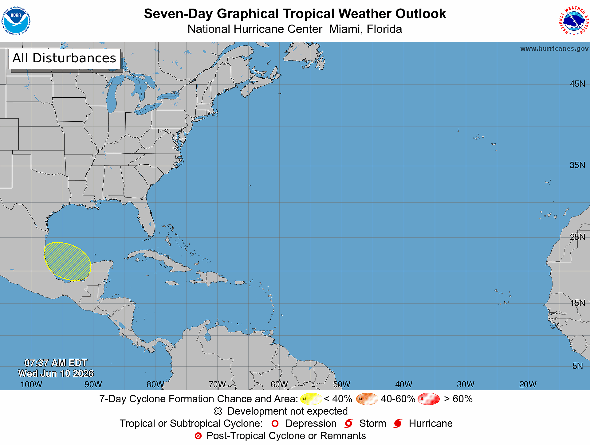 NOAA National Hurricane Center Tropical Weather Outlook for June 10, 2026.