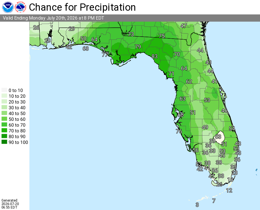 National Weather Service Rain Chances for Florida Florida on Nonday, July 20, 2026.