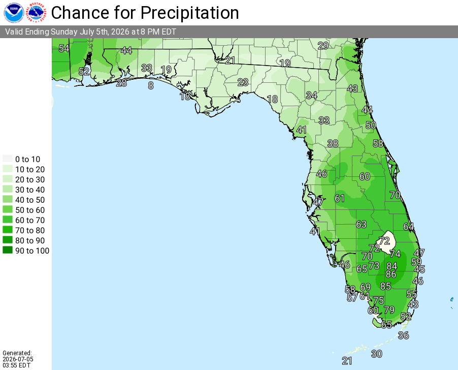 National Weather Service Rain Chances for Florida Florida on Sunday, July 5, 2026