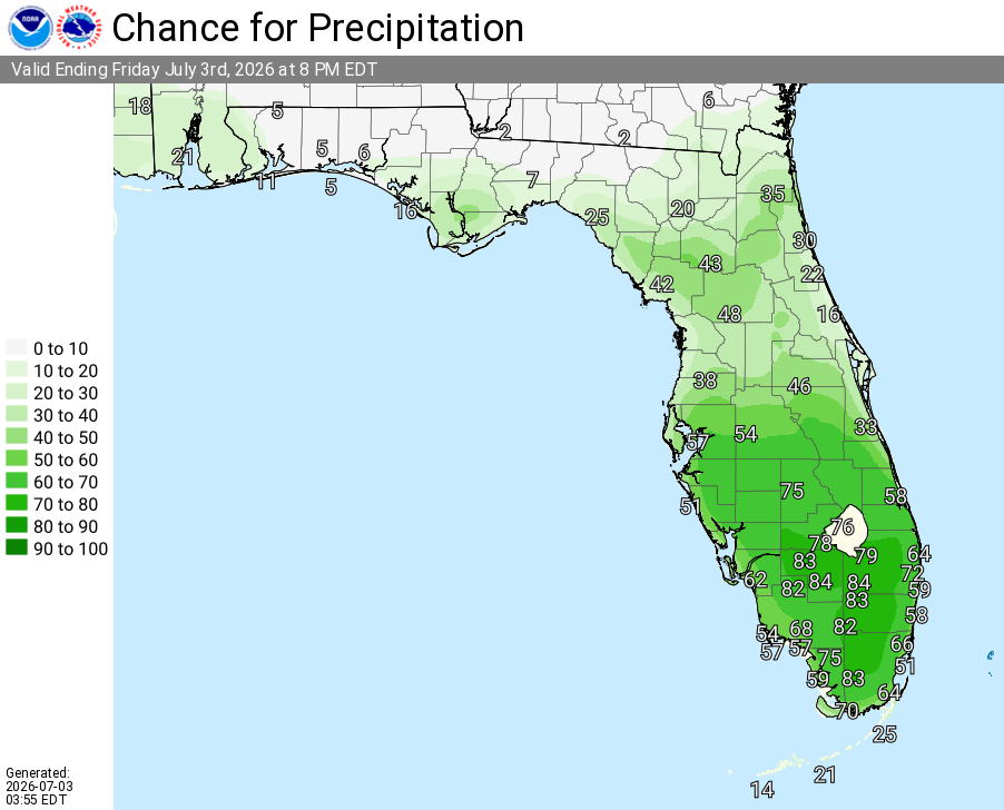 National Weather Service Rain Chances for Florida Florida on Friday, July 3, 2026