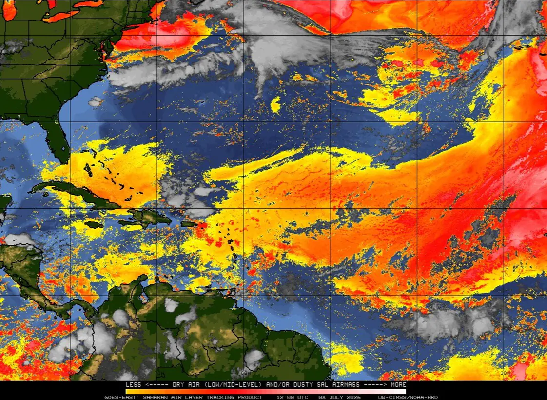 Saharan dust plume shown in GOES-East SAL product on July 8 2026 with yellow and red indicating high dust concentrations over the Atlantic and Caribbean