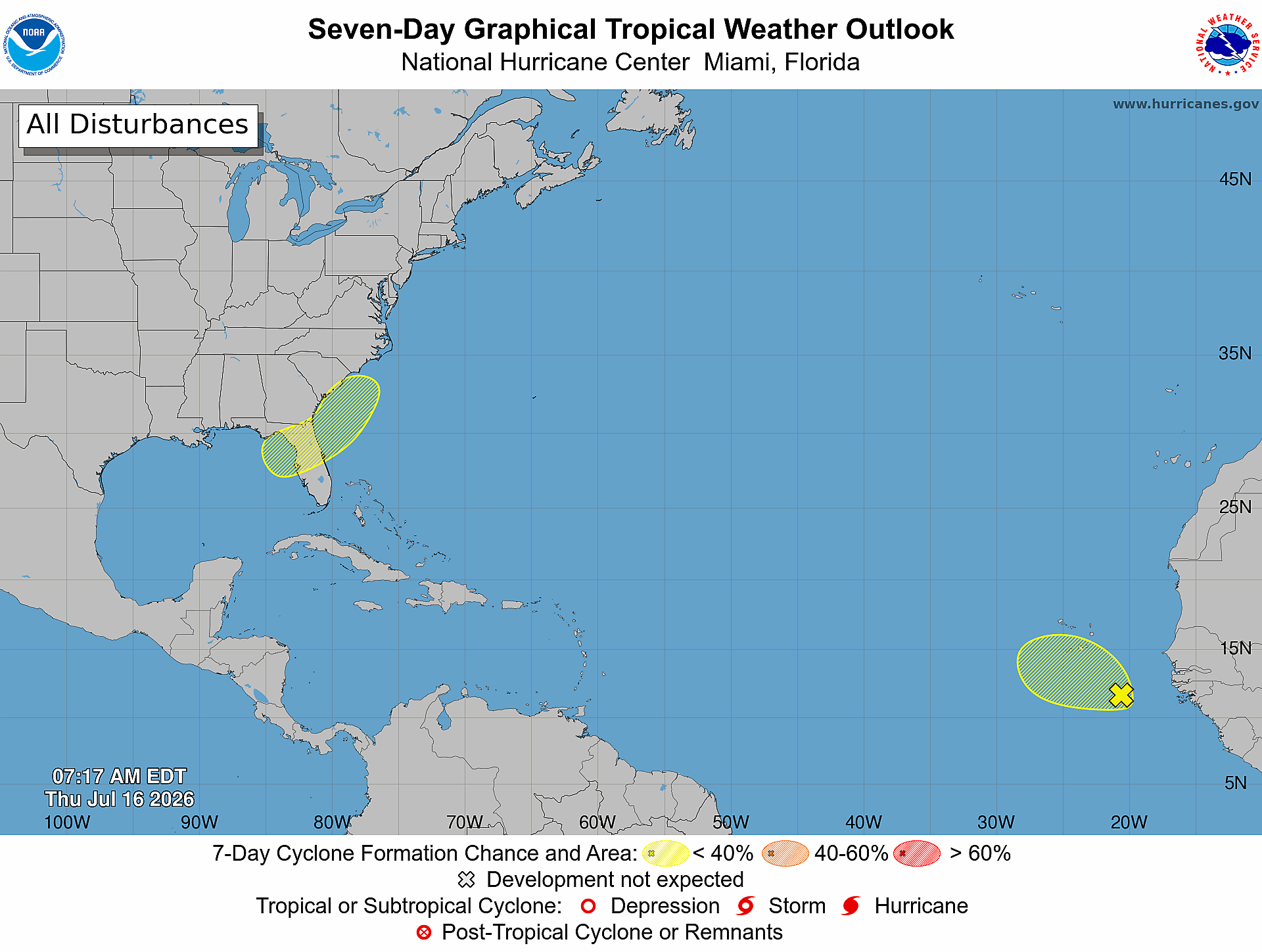 NOAA National Hurricane Center Tropical Weather Outlook at 8:00 AM Eastern Daylight Time on Thursday, July 16, 2026,